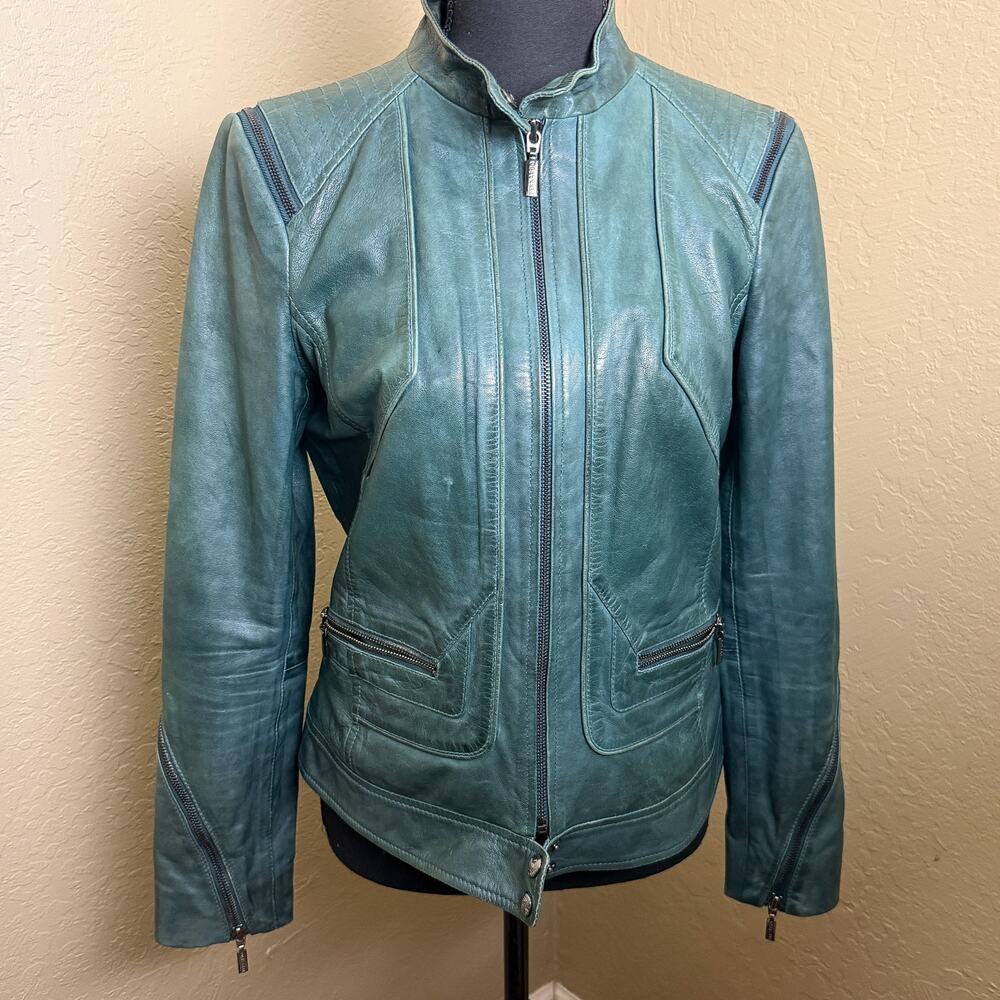 Bernardo Green Genuine Leather Moto Jacket Women’s Size S Zip Front